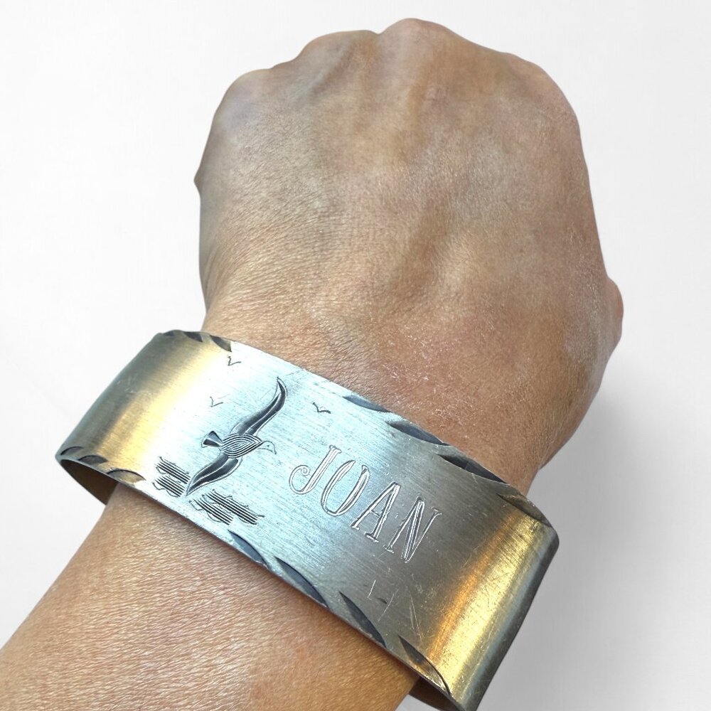 Genuine Pewter Vintage Cuff Bracelet - Engraved Name "Joan" Seagull Silver